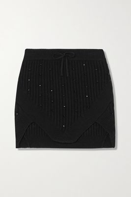 David Koma - Asymmetric Embellished Ribbed-knit Mini Skirt - Black