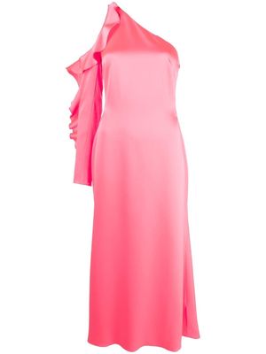 David Koma asymmetric ruffle-trim satin dress - Pink