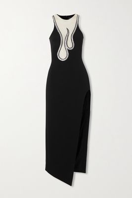 David Koma - Crystal-embellished Tulle-trimmed Stretch-cady Midi Dress - Black