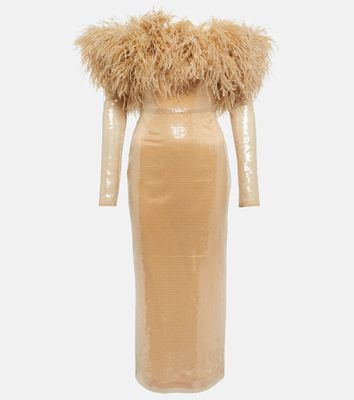 David Koma Feather-trimmed sequined midi dress