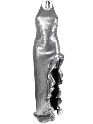 David Koma halterneck sequin ruffled gown - Silver