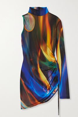 David Koma - One-sleeve Asymmetric Ruched Printed Stretch-mesh Mini Dress - Blue