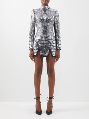 David Koma - Reptile Mirror-embellished Crepe Mini Dress - Womens - Black Silver