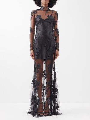 David Koma - Rose-embroidered Chiffon Gown - Womens - Black