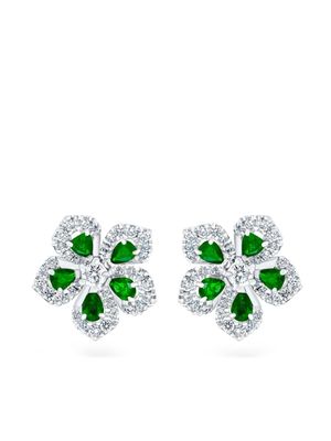 David Morris 18kt white gold Miss Daisy diamond and emerald stud earrings - Silver