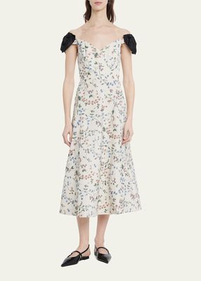 Dawn Vine-Print Off-Shoulder Bow Midi Dress
