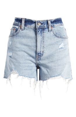 DAZE Troublemaker Distressed High Waist Denim Shorts in Just Kissed