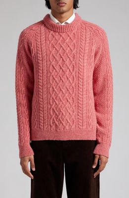 DE BONNE FACTURE Cable Knit Wool Crewneck Sweater in Rose
