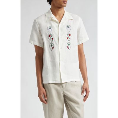 De Bonne Facture Embroidered Linen Camp Shirt in Garden Of Eden White 