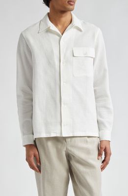 De Bonne Facture Long Sleeve Cotton & Linen Waffle Weave Camp Shirt in Off White 