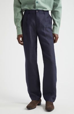 De Bonne Facture Two-Pleat Linen Trousers in Navy Blue 