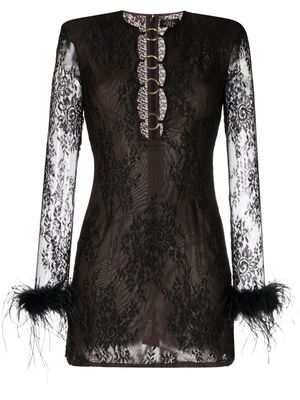 De La Vali feather-cuff sheer-overlay mini dress - Black
