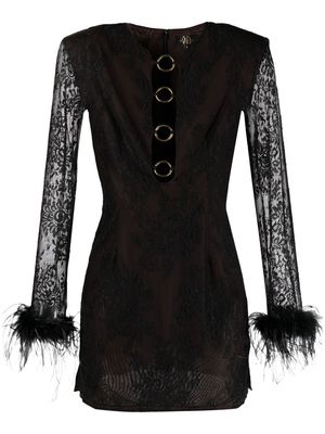 De La Vali feather-embellished lace minidress - Black