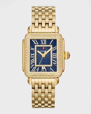 Deco Madison Diamond Gold-Tone Watch with Navy Mother-of-Pearl Dial