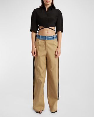 Deconstructed Mixed-Media Wide-Leg Trousers