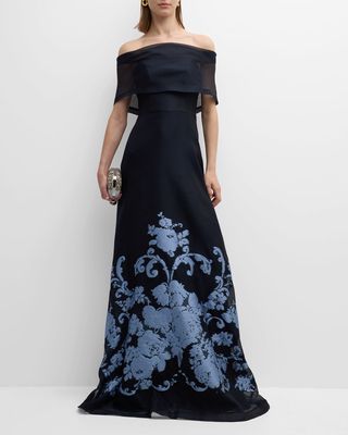 Deedie Floral Jacquard Off-The-Shoulder Gown