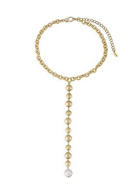 Deep Drop 18K Gold-Plated, Freshwater Pearl & Cubic Zirconia Lariat Necklace