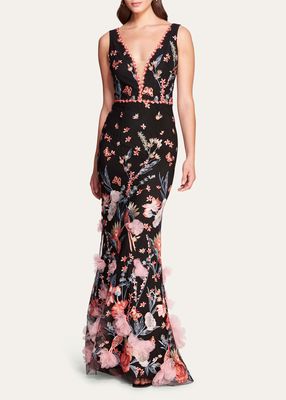 Deep V-Neck Embroidered Tulle Gown