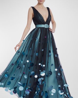 Deep V-Neck Tulle & Mikado Sequin Gown