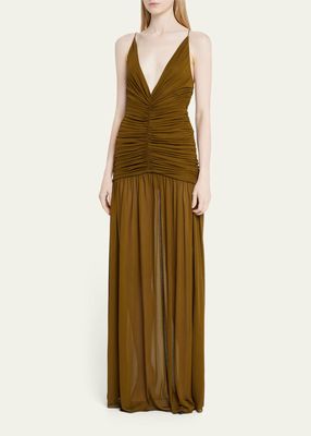 Deep V Ruched Bodice Gown