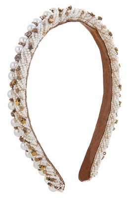 Deepa Gurnani Elizabeth Imitation Pearl & Bead Embellished Headband in Gold