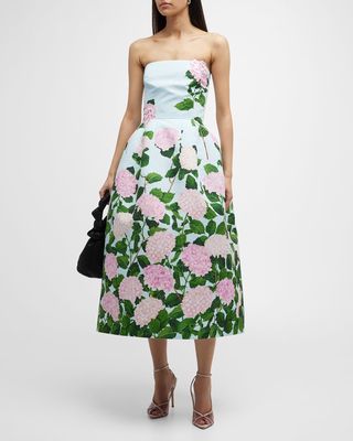 Degrade Hydrangea-Print Strapless Tea-Length Faille Dress