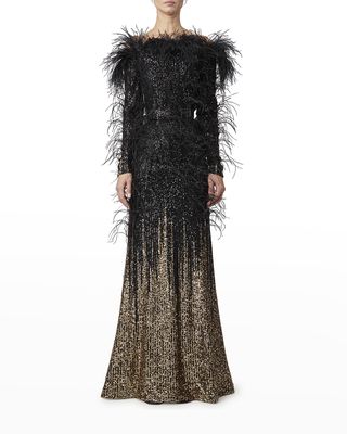 Degrade Sequin Off-The-Shoulder Gown w/ Feather-Trim