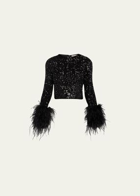Delaina Sequin-Embellished Feather-Cuff Top