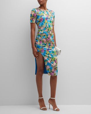 Delina Ruched Floral-Print Sheath Midi Dress