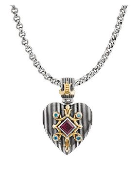 Delos 2.0 Heart Emblem 18K Gold, Sterling Silver, Blue Diamond & Rhodolite Pendant