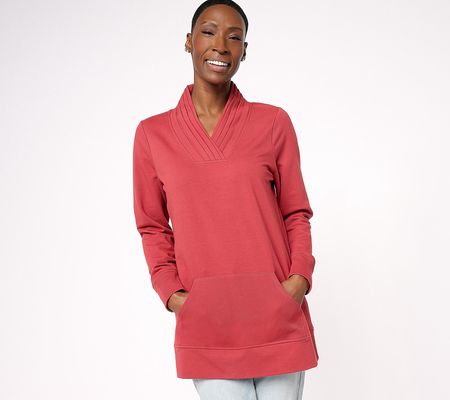 Denim & Co. Active Regular French Terry Pleated V-Neck Tunic