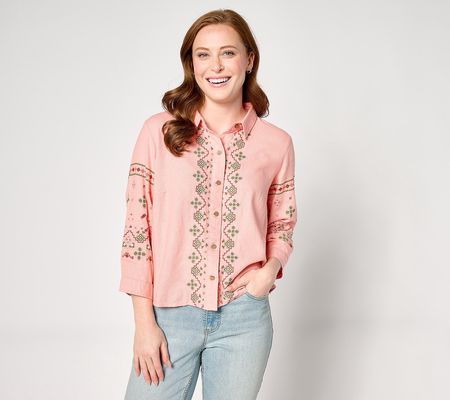 Denim & Co. Canyon Retreat Oasis Embroidered Linen Top