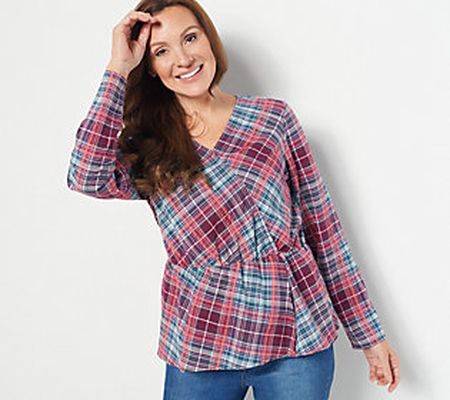 Denim & Co. Faux Surplice V-neck Plaid Blouse