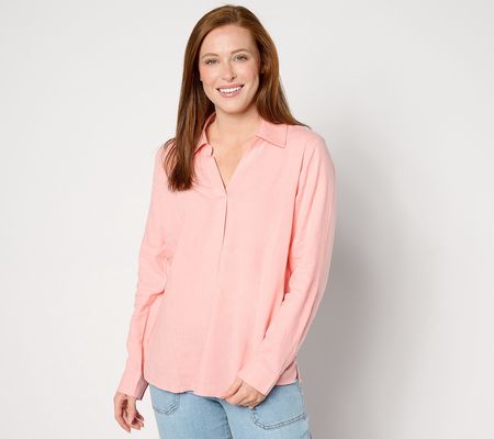 Denim & Co. Naturals Linen Blend Collared Split V Popover