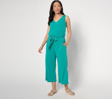 Denim & Co. Petite V-Neck Cropped Wide Leg Jumpsuit