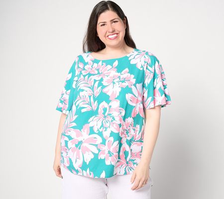 Denim & Co. Printed Boat Neck Blouse w/ Flutter Sleeve