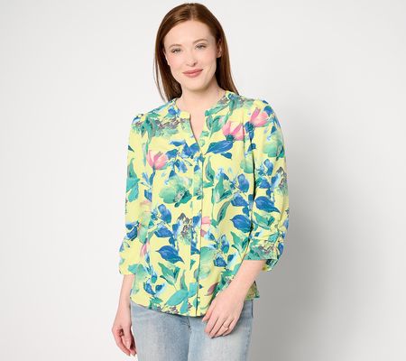 Denim & Co. Printed Y-Neck Blouse with Sleeve Detail