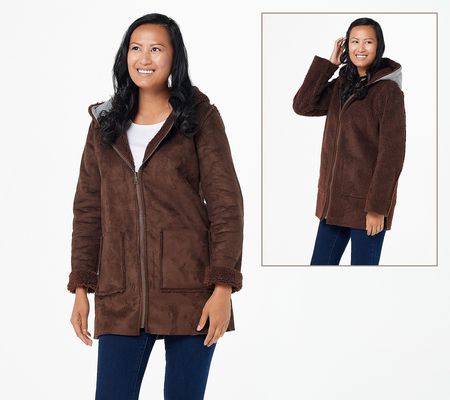 Denim & Co. Reversible Suede to SherpaZip-Front Coat