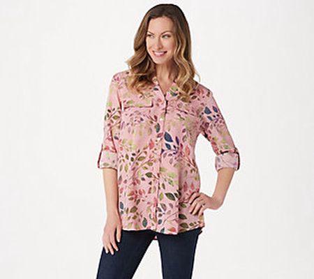 Denim & Co. Woven Printed Button Front Roll Tab Sleeve Tunic