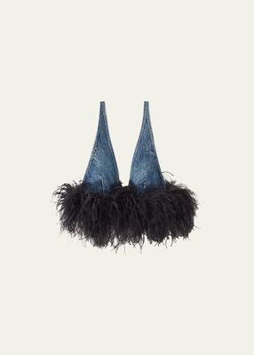 Denim Bra Top With Feather