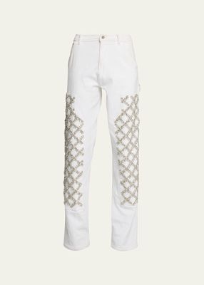 Denim Crystal Embroidered Straight-Leg Trousers