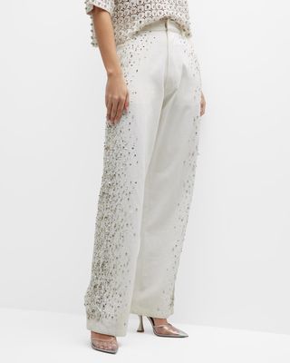 Denim Embroidered Straight Trousers