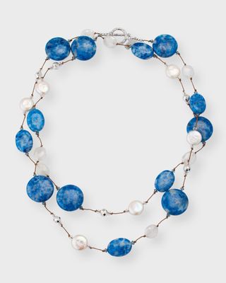 Denim Lapis, Coated Moonstone, Pyrite and Coin Pearl Necklace, 35"L