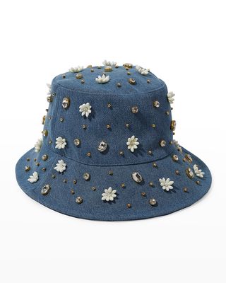 Denim Petunia Stud Embellished Bucket Hat