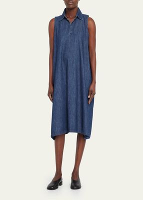 Denim Side Pleated Sleeveless Dress with Front Placket Opening