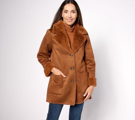 Dennis Basso Suede to Faux Fur Coat with Notch Collar