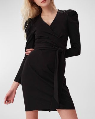 Denny Ruched-Sleeve Faux-Wrap Mini Dress