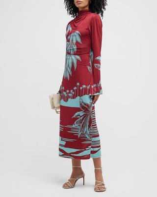 Dense Foliage-Print Mock-Neck Open-Back Midi Dress