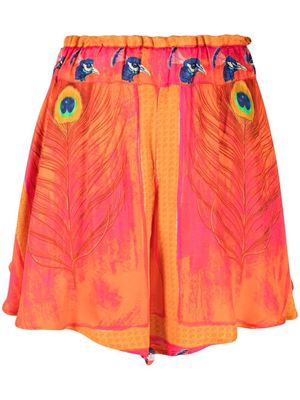 DEPENDANCE peacock-print high-waist shorts - Orange