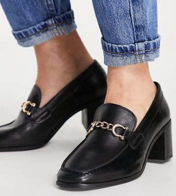 DEPP Wide Fit leather heeled loafer with trim in black